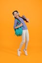 Feel the impact. Regular school day. Stylish schoolgirl. Girl carry backpack. Schoolgirl daily life. Inspired and Royalty Free Stock Photo