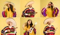 Collage of young people, man and woman in mexican clothes isolated over yellow background