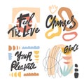 Feel the love, changes, your Pleasure, Grace vector logo set. Hand drawn lettering logo set for social media content