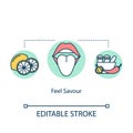 Feel savor concept icon. Mindful eating, conscious nutrition idea thin line illustration. Enjoying meal, noticing