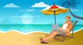 Feelancer working and rilaxing on the beach. Business Man Remote Work Place. Businessman at the beach. destination for summer Royalty Free Stock Photo
