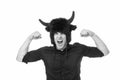 Feeling so angry. Man shouting face wears hat of devil with horns. Guy black shirt angry aggressive demonstrate strength Royalty Free Stock Photo