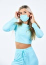 Feeling blue. coronavirus health protection. girl in respirator mask isolated on white. doing sport while quarantine Royalty Free Stock Photo