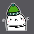 Feeling cold hand drawn sticker illustration with cute marshmallow in green hat