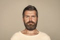 Feeling and emotions. Guy or bearded man on grey background. Royalty Free Stock Photo