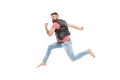 Feeling so energetic. Active and energetic hipster in photo studio. Bearded man running fast with energetic and powerful