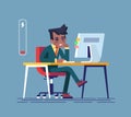 Feeling exhausted. Tired african american man sitting at his working place with computer in office. Vector illustration. Royalty Free Stock Photo