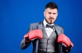 Feeling free and confident. businessman in formal suit and tie. Business and sport success. man in boxing gloves