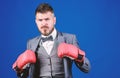Feeling free and confident. businessman in formal suit and tie. Business and sport success. man in boxing gloves