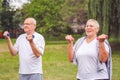 Feeling great in our senior years - senior man and woman practice with dumbbells in a park.