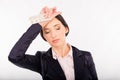 Feeling headache. Frustrated young woman holding headache tablets Royalty Free Stock Photo