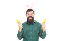 Feeling joy about holiday. eastertide. happy bearded man wear bunny ears. finally happy easter. Royalty Free Stock Photo