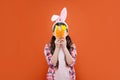 Feeling joy about holiday. happy easter. childhood happiness. child in rabbit costume