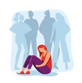 Feeling lonely, sad depressive person. Woman in depression sitting on floor among friends silhouettes