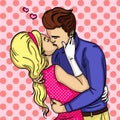 Feeling of love. The guy with the girl passionately kisses. Vector of pop art. Comic style