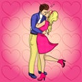 Feeling of love. The guy with the girl passionately kisses. Vector of pop art. Comic style