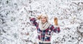 Feeling playful. Enjoying nature wintertime. Portrait of excited woman in winter. Cheerful girl outdoors. joyful and