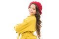 Feeling pretty. Dress up like fashion girl. Kid little cute girl smiling face posing in hat isolated on white Royalty Free Stock Photo