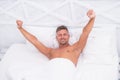 Feeling recharged. Healthy habits. Man handsome guy lay in bed sleeping. Tips sleeping better. Bearded peaceful man Royalty Free Stock Photo