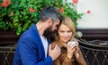 Feeling sensual. Morning coffee. Couple in love on romantic date. woman and man with beard relax in cafe. First meet of Royalty Free Stock Photo