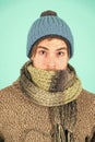 Feeling sick and cold. he caught a cold. male knitwear fashion. men knitted accessory. poor homeless man. frozen man