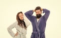 Feeling sleepy. Family couple with sleepy look. Tired man and woman in robes. Sleepiness