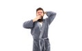 Feeling sleepy. Sleepy hipster yawn isolated on white. Bearded man look sleepy in bathrobe. Early morning time. Good Royalty Free Stock Photo