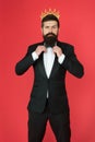 Feeling superior. Man bearded handsome guy in formal suit golden crown symbol of monarchy. King on this event. King Royalty Free Stock Photo