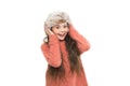 Feeling warm. Caring fur garments. Child long hair soft hat enjoy softness. Winter fashion concept. Warm hat for cold