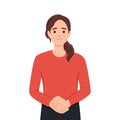 Feeling worried and frustration concept. Young irritated frustrated woman cartoon character standing touching chick looking at Royalty Free Stock Photo