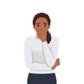 Feeling worried and frustration concept. Young irritated frustrated woman cartoon character standing touching chick looking at Royalty Free Stock Photo