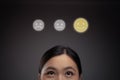 Feelings of Asian woman and emoticon hologram effect