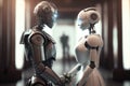 Feelings and senses in artificial intelligence concept with wedding of two robots. Created with Generative AI technology