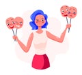 Young woman cartoon character holding masks with different facial expressions to control her emotions, choose different attitude. Royalty Free Stock Photo