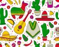 Feesta and Latin American festivals. Seamless pattern on mexico theme. Traditional Spanish objects. Poncho and sambrebo