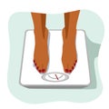 Feet of african american woman standing on weight scale. Concept of weight loss.