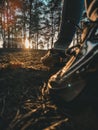 Feet against the backdrop of the sunset. Forest Glade. Green grass in the forest at sunset. Bright light through the branches of Royalty Free Stock Photo