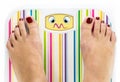 Feet on bathroom scale with overwhelmed cute face