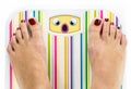 Feet on bathroom scale with scared cute face