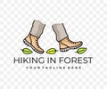 Feet in boots walking through forest, hiking and hike, colored graphic design