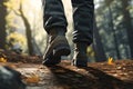 Feet in boots walking through forest, hiking and hike, illustration. Generative AI