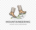 Feet in boots, walking hiking in mountains and mountaineering, colored graphic design