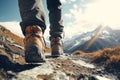 Feet in boots, walking hiking in mountains and mountaineering, illustration. Generative AI