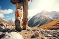 Feet in boots, walking hiking in mountains and mountaineering, illustration. Generative AI