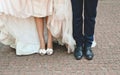 Feet bride and groom wedding walk outside