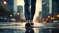 Feet of businessman walking on modern city road , start to vision think of a successful , Generative AI. Royalty Free Stock Photo