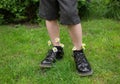 Feet of child boy standing on green grass in black patent leather shoes. Chamomile flower are sticking out of socks Royalty Free Stock Photo