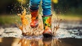 Feet of child in colourful rubber boots jumping over puddle Royalty Free Stock Photo