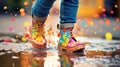 Feet of a child in colourful rubber boots walking over puddle