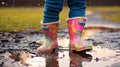Feet of a child in vibrant rubber boots joyfully leaping over a playful puddle, showcasing happiness, fun, adventure, exploration Royalty Free Stock Photo